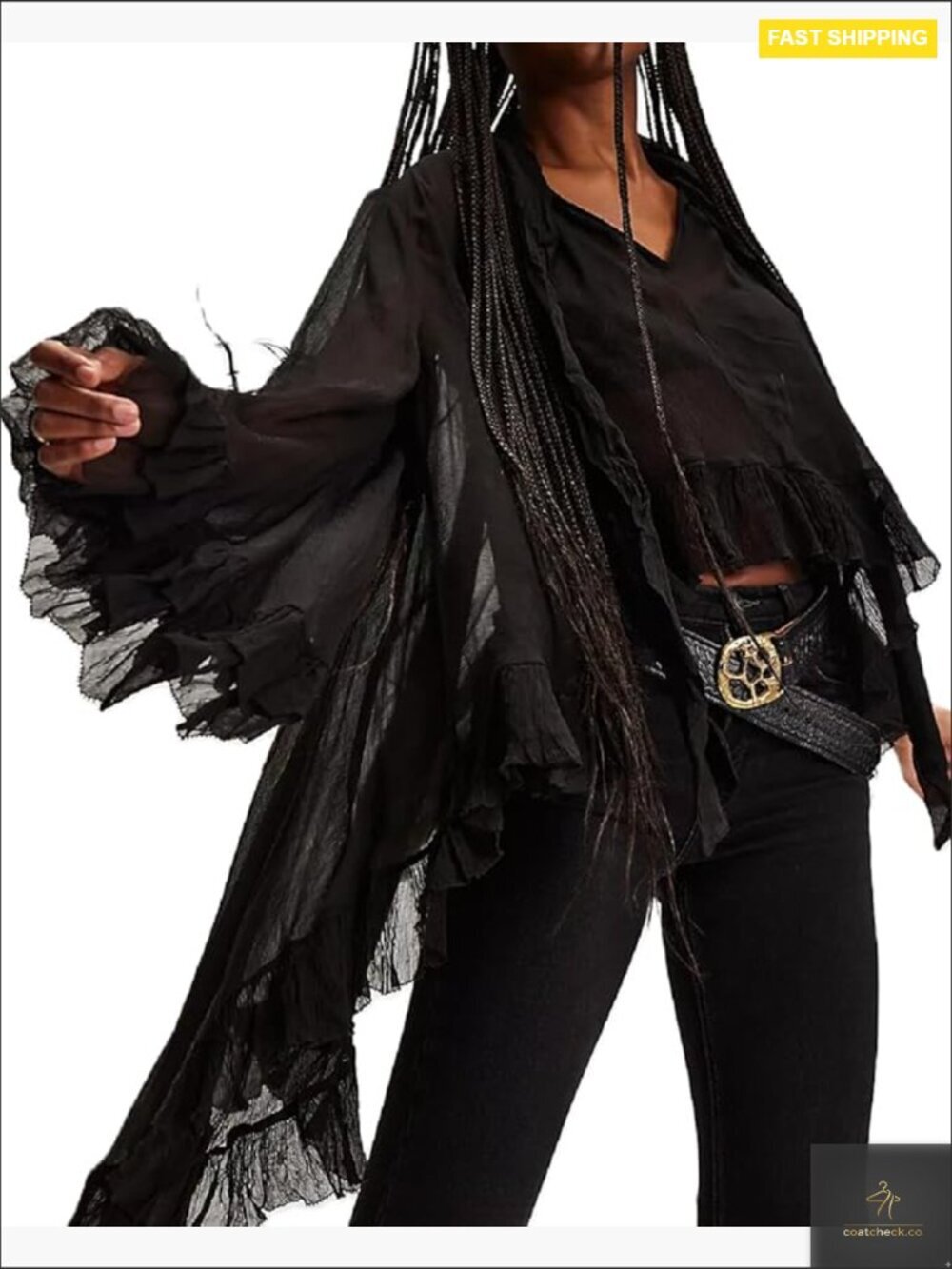Women Ruffle Sheer Top Long Sleeve See Through Mesh Blouse Oversized Flowy